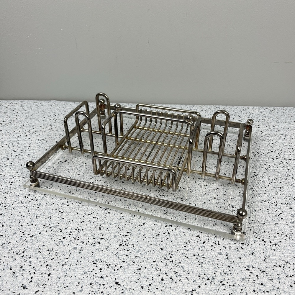 Vintage Acrylic & Chrome Tray Letter Holder Desk Organizer Vanity Tray